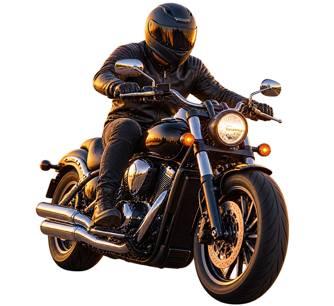 Helmeted rider approaching on a motorcycle